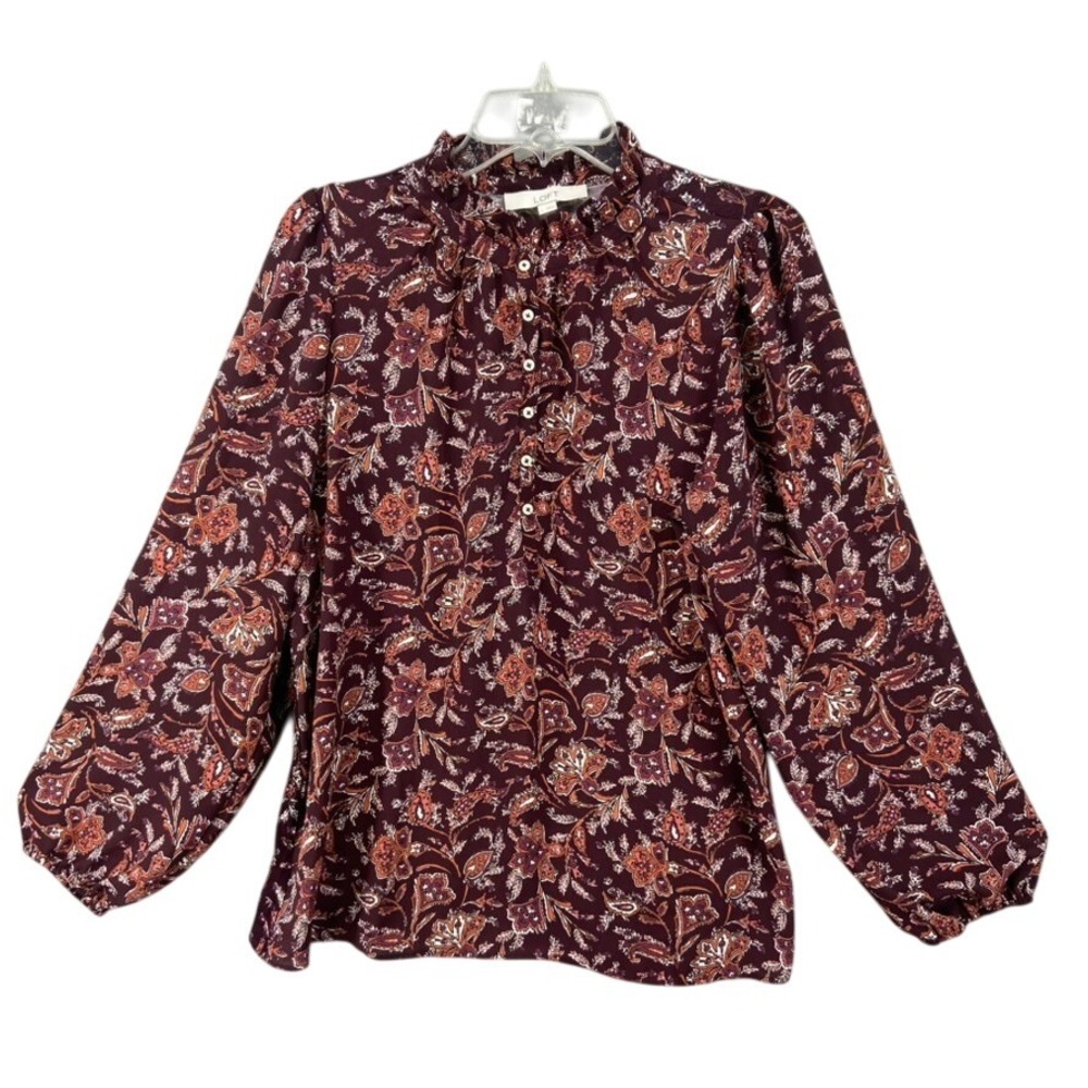 Ann Taylor LOFT Shirt Women Sz L Floral Ruffle Neck Long Sleeve Burgundy Paisley